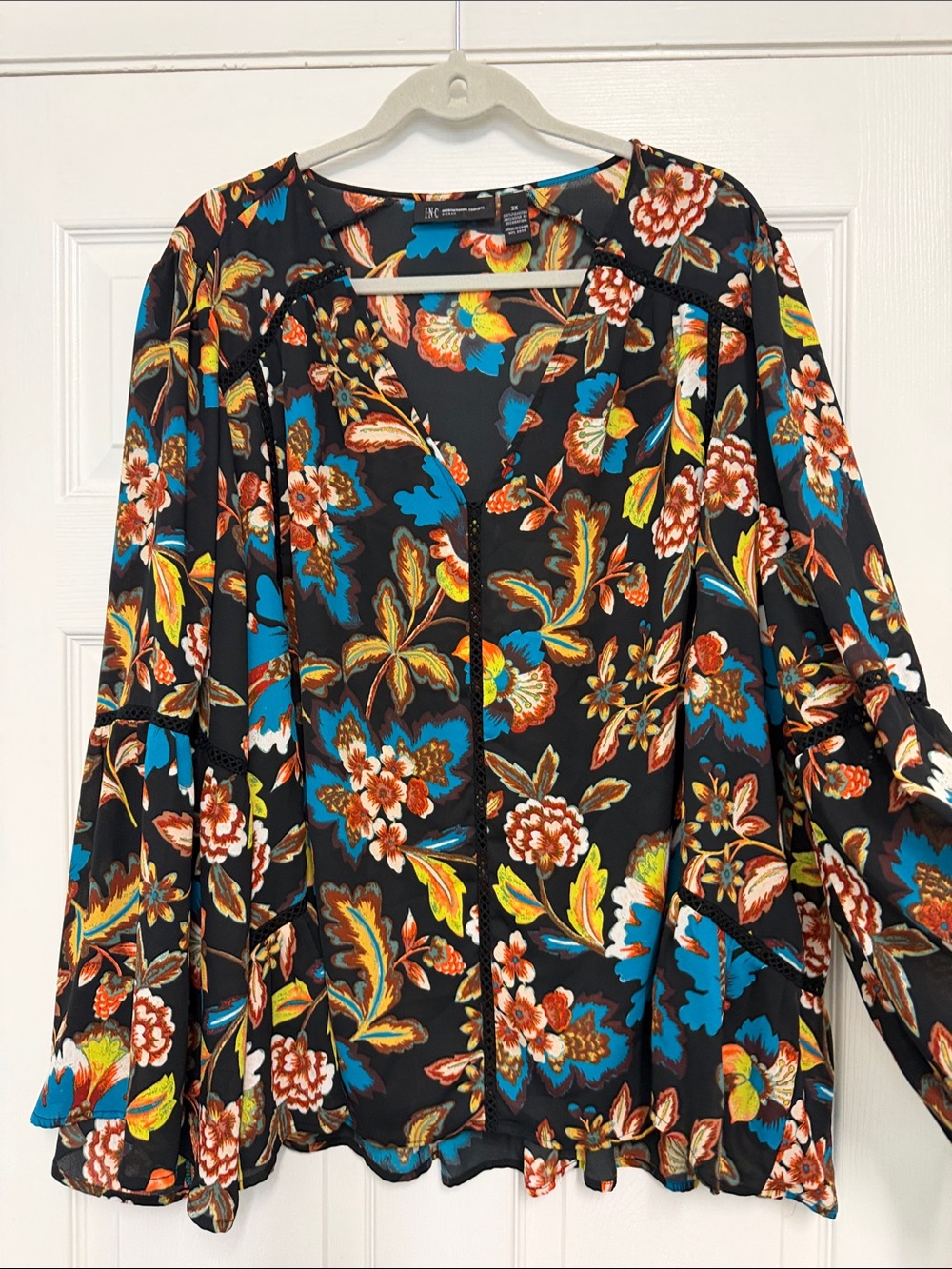 Floral V-Neck Long Sleeve Blouse - Black/Teal/Orange